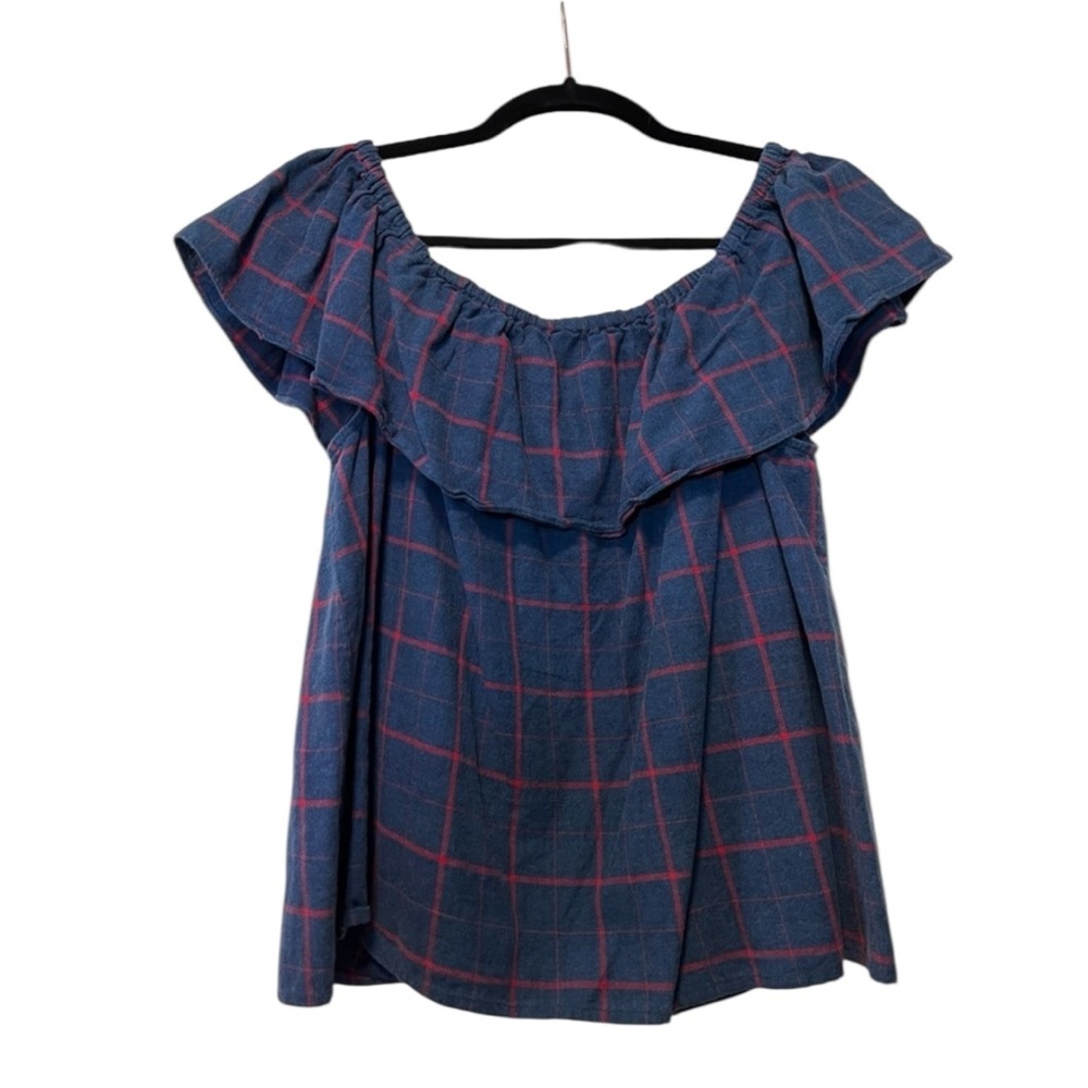 Faherty Saylor Plaid Off the Shoulder Top, Size Medium - Picture 3 of 5